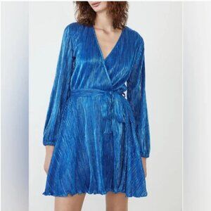 Bardot Bellissa Pleated Faux Wrap Mini Dress Vibrant Blue Metallic Size Large